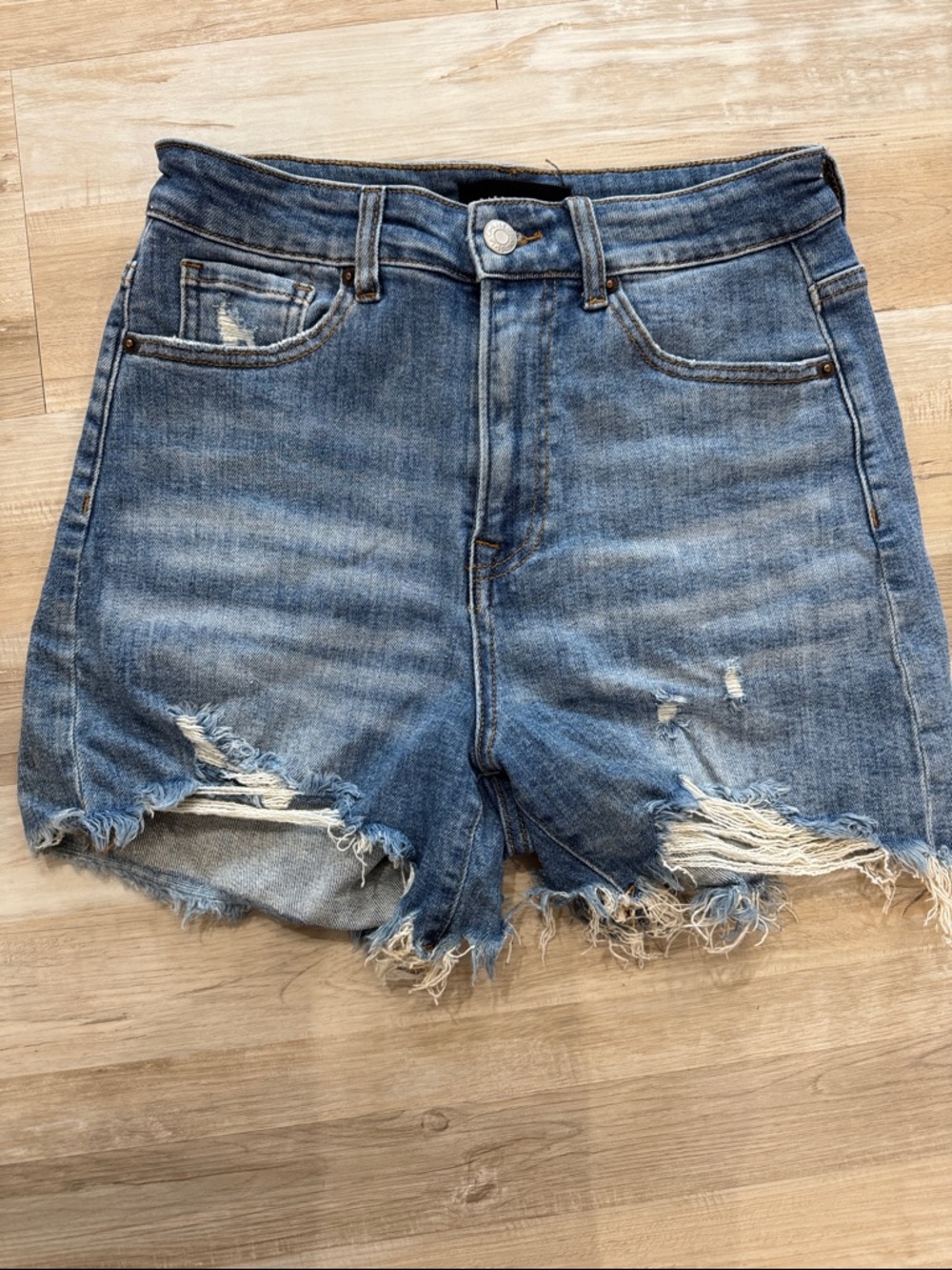 Risen Distressed Blue Denim High-Rise Shorts